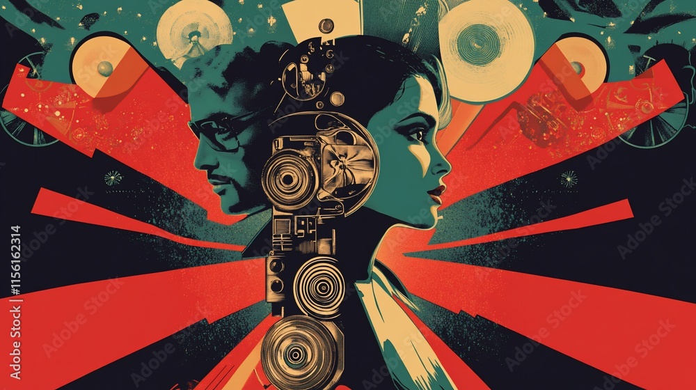 Poster Abstract art depicting a man and woman's profiles merging with robotic gears, set against a vibrant red and teal sunburst background with circular elements.