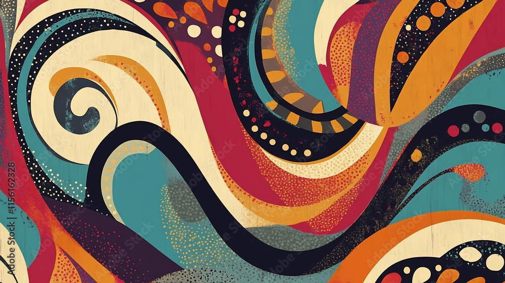 Poster abstract swirling pattern with vibrant colors and textured details.