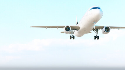 ULTRA HD. Airplane flies in blue sky. Travel, tourism. Airplane takes off against the background of blue sky.  