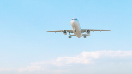 ULTRA HD. Airplane flies in blue sky. Travel, tourism. Airplane takes off against the background of blue sky.  