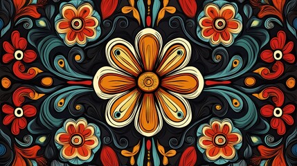 Vibrant floral pattern with intricate details and bold colors.