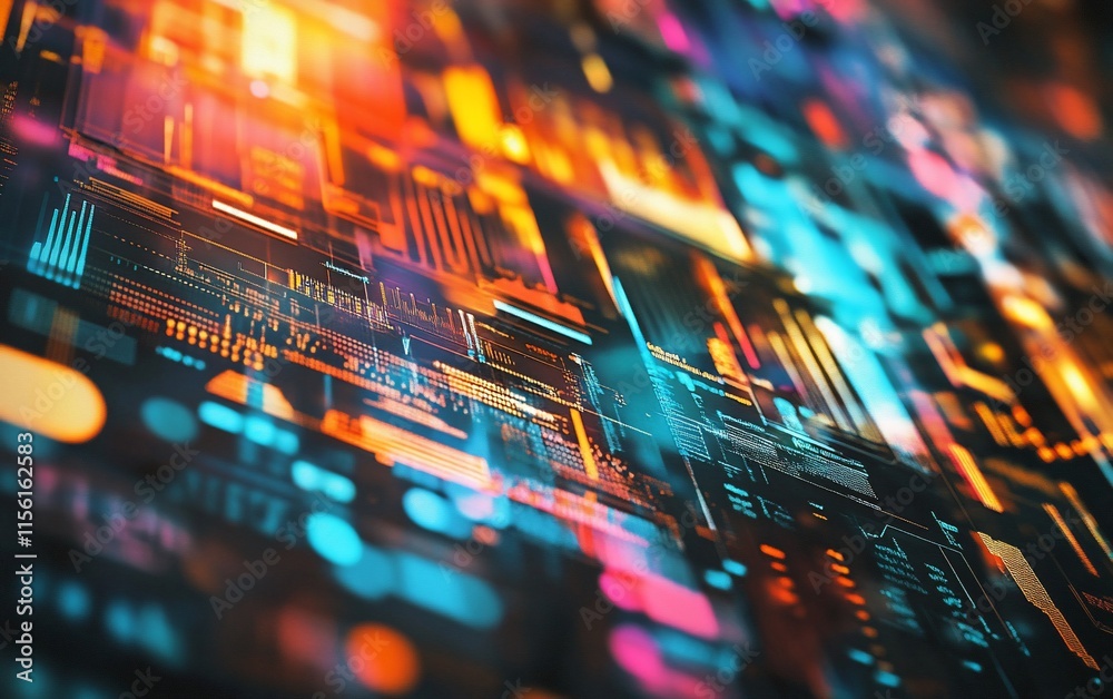 Aufkleber Abstract digital data visualization with vibrant colors and dynamic shapes, representing information flow and technology.