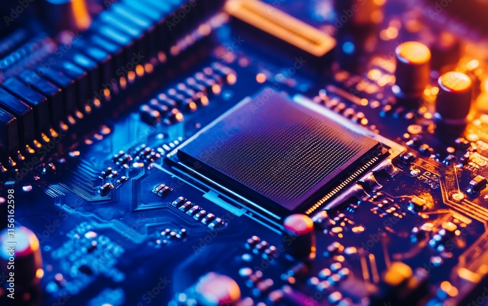 Poster Close-up of a computer processor chip on a circuit board, illuminated with vibrant blue and orange lighting.
