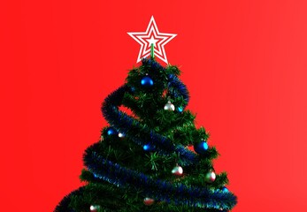 Traditional white christmas tree with baubles. Christmas tree decorated with star on top, pine cones, blue and gold ball, festive party ornament on red background.