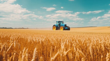 Obraz premium Blue tractor working on golden wheat field under summer sky