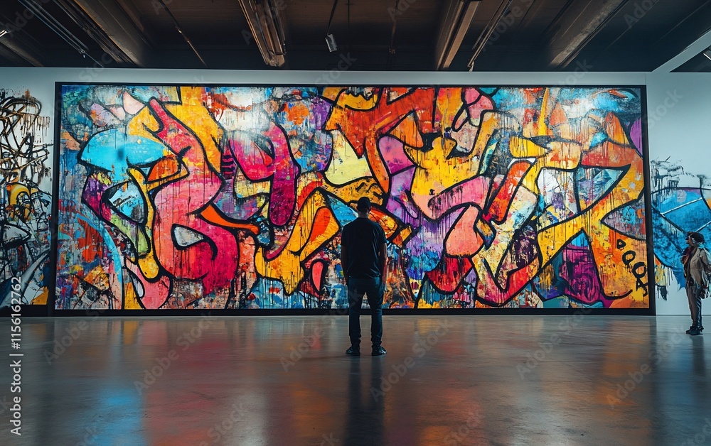 Poster man admiring large abstract graffiti artwork in modern art gallery.