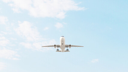 ULTRA HD. 4K. Airplane flies in blue sky. Travel, tourism. Airplane takes off against the...