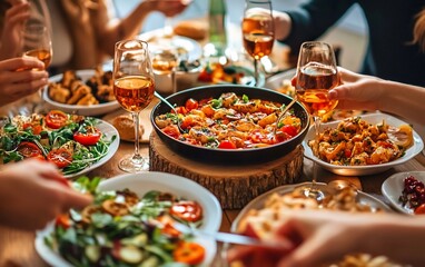 Obraz premium Friends enjoy a delicious meal together at a dinner party, sharing food and drinks.