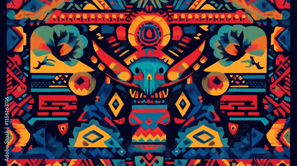 Poster Vibrant symmetrical textile design with skull motif and geometric patterns in bold colors.