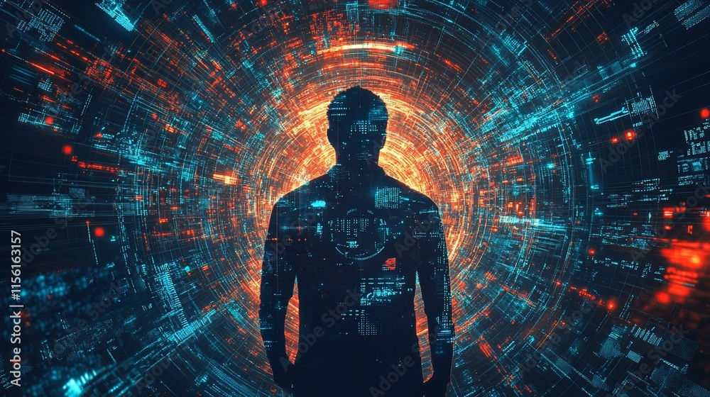 Aufkleber Silhouette of a man standing in a swirling vortex of digital data and code.