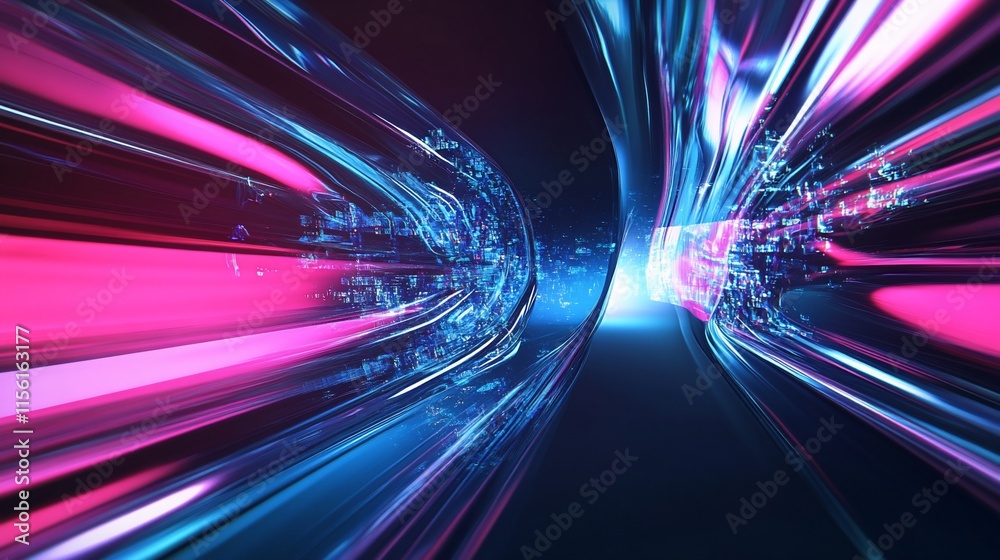 Poster abstract digital tunnel with glowing pink and blue streaks, data particles.