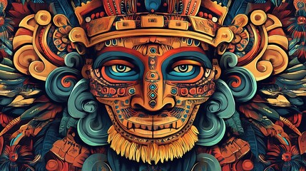 Obraz premium Colorful ornate Mayan-style mask detailed digital artwork.