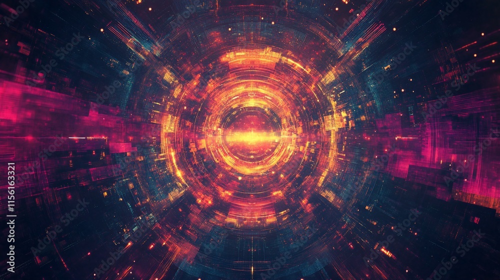 Poster abstract digital art depicting a glowing circular tunnel with vibrant red and orange hues.