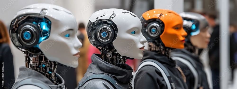 Poster Row of humanoid robots with exposed mechanical parts and varying colors.