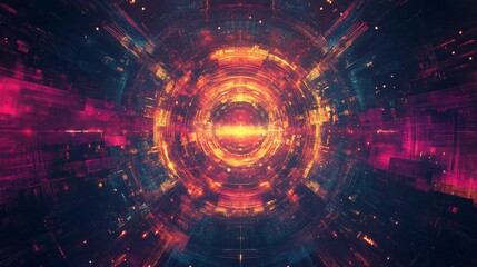 Obraz premium Abstract digital art depicting a glowing circular tunnel with vibrant red and orange hues.