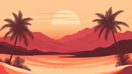 Obraz premium Sunset over a beach with palm trees and mountains.