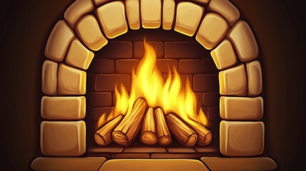 A beautifully crafted stone fireplace emits a warm glow from the neatly arranged burning logs, creating a cozy and inviting atmosphere in the room.