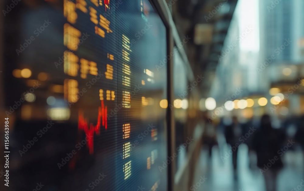 Poster close-up of a stock ticker displaying financial data in a blurred city background.