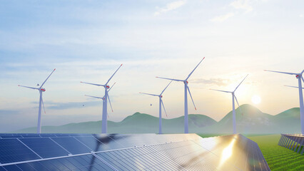 ULTRA HD. Solar power plant and windmills turbine. Renewable energy, green tech. Green energy, renewable energy concept. Windmill farm. © adobedesigner