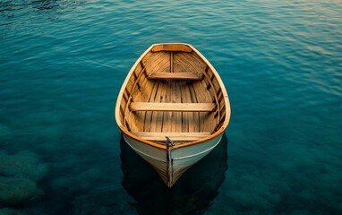 Obraz premium A small wooden rowboat floats serenely on calm, teal water.