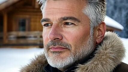 Mature man enjoying tranquility in a winter landscape with snow-covered cabin nearby - Powered by Adobe