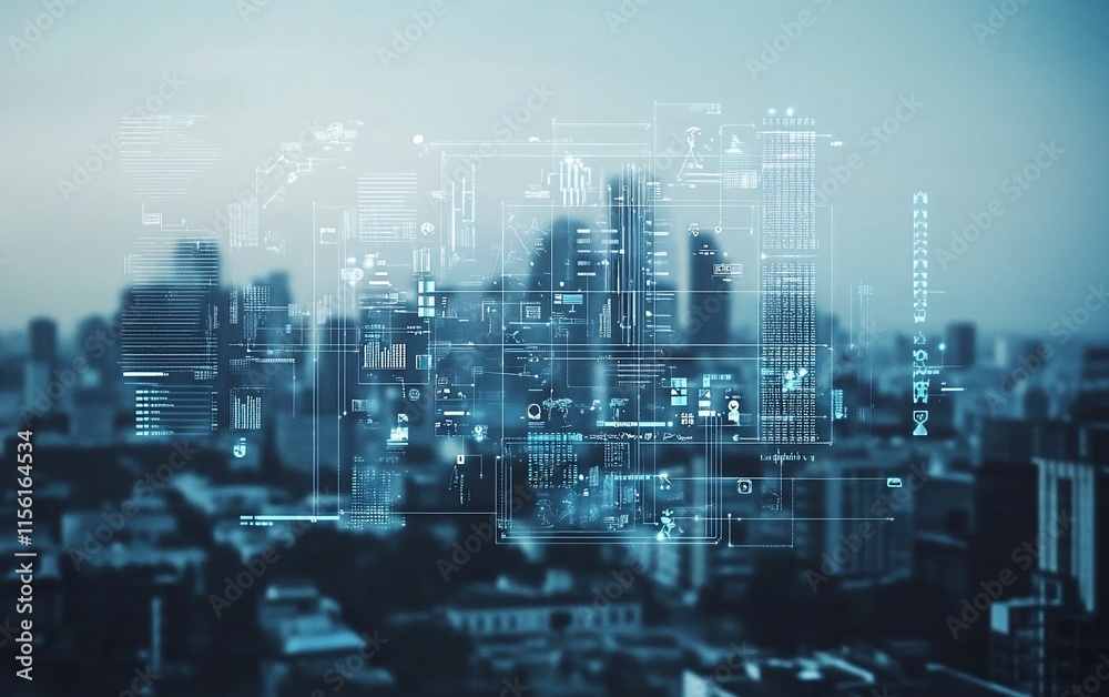 Poster Futuristic city skyline with digital overlay showing data and graphs.