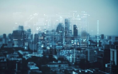 Obraz premium Futuristic city skyline with digital overlay showing data and graphs.