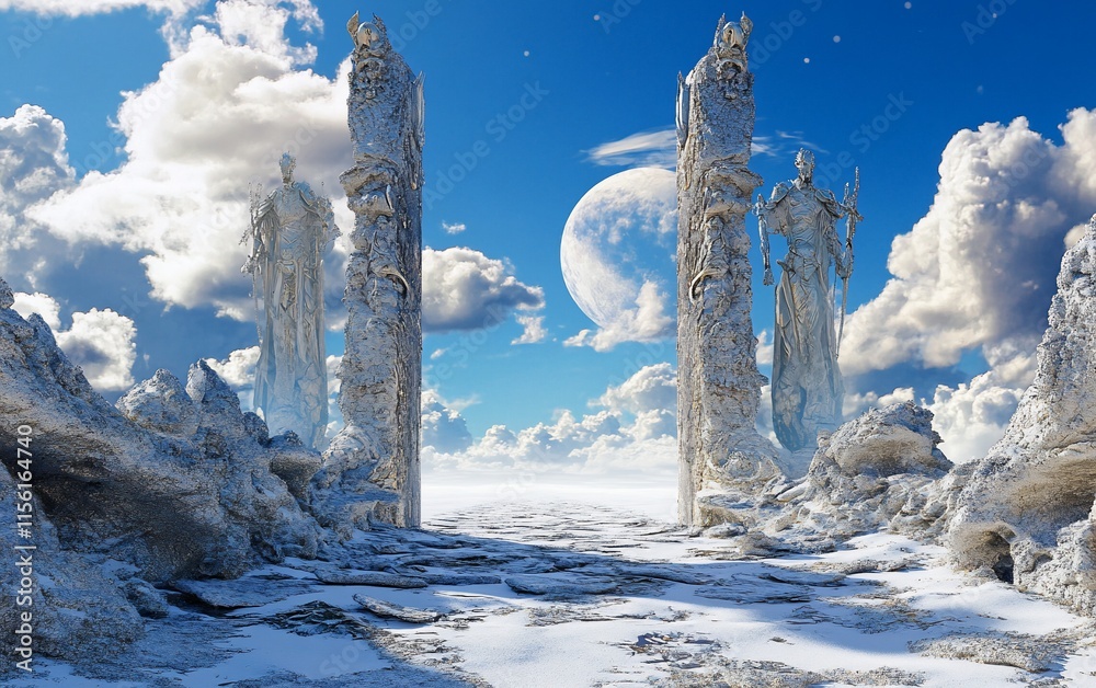 Poster surreal snowy landscape with tall stone statues and a large moon in the sky.