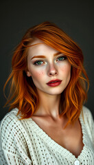 Fototapeta premium natural close up portrait of a female beauty model with ginger colored hair and freckles on her skin, craft clay, with white tones