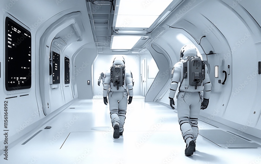 Poster astronauts walk down a futuristic spaceship corridor.