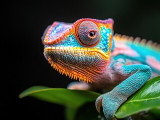 Obraz premium A stunning close-up of a chameleon resting on a leaf, showcasing its vibrant colors and intricate textures, symbolizing adaptability and the beauty of nature's diversity.