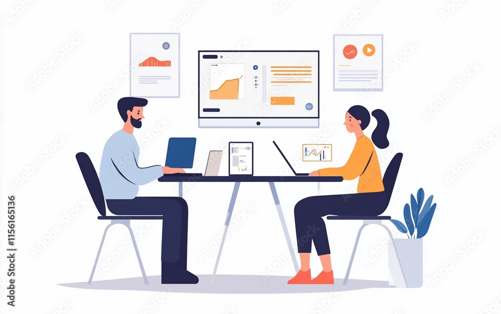 Poster two colleagues collaborate on laptops at a table in an office, reviewing data on a large screen and 
