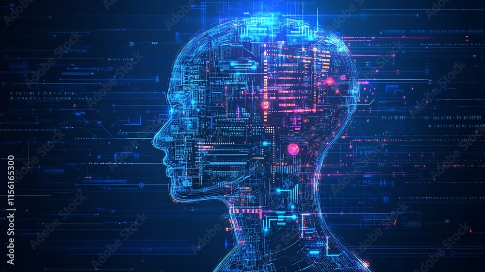 Poster digital human head profile with glowing circuit board inside, representing ai, technology, and data 