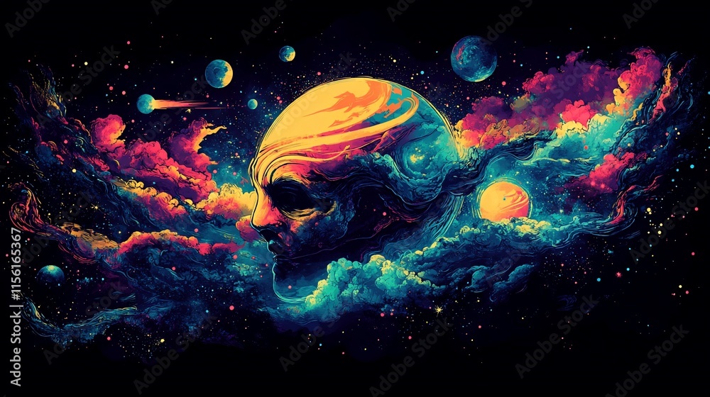 Poster abstract cosmic head engulfed in vibrant nebula clouds and planets.