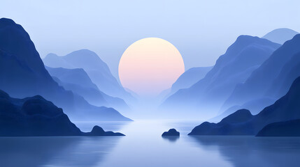 Serene Sunset Over Blue Mountains and Calm Water