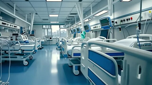 A modern hospital ward with clean, empty patient beds and advanced medical equipment. Concept of healthcare, preparedness, and medical infrastructure.
