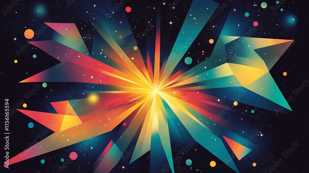 Aufkleber abstract colorful explosion of geometric shapes in space.