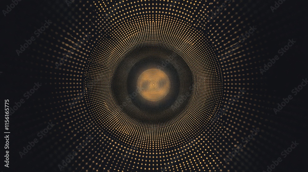Aufkleber Abstract swirling pattern with gold dots creating a tunnel effect leading to a central, hazy orb.