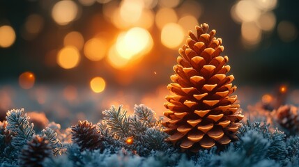 Golden Pine Cone Winter Sunset Scene