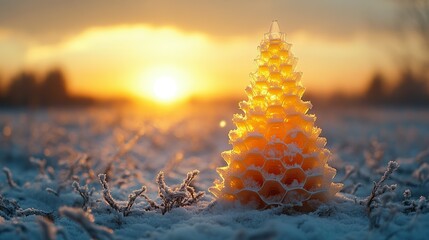 Honeycomb structure glows at sunset in winter snow