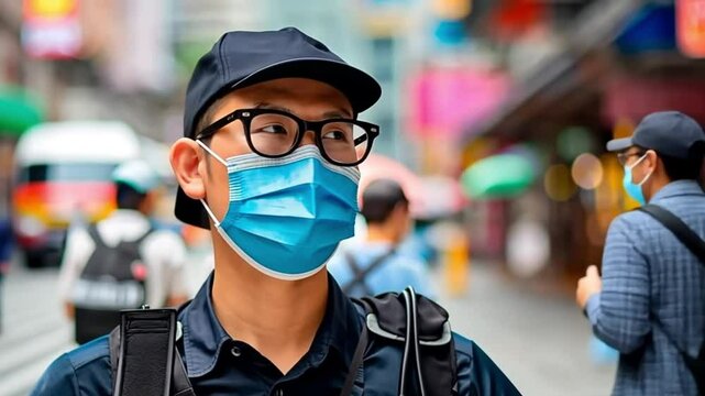A young man in glasses and a face mask walking on a busy urban street. Concept of health safety, urban life, and modern precautions.