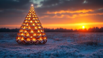 Illuminated Christmas Tree Sunset Winter Landscape