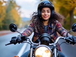 A cheerful woman on a motorcycle enjoys a scenic ride through colorful autumn trees, capturing the essence of freedom and happiness during the changing seasons.
