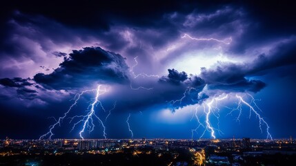 Dramatic lightning storm over city at night.