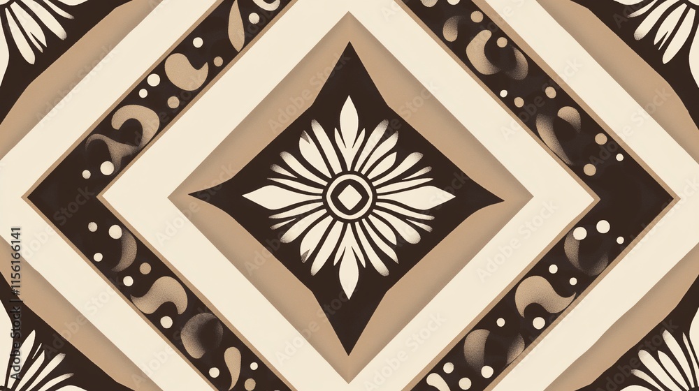 Aufkleber abstract geometric pattern with floral motifs in brown and beige tones.