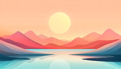 Serene Sunset Over Calm Lake And Mountains