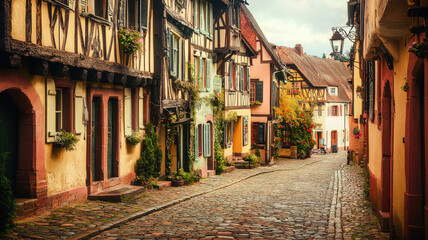 Fototapeta premium A charming European village featuring cobblestone streets, colorful homes, and a bustling central market square, creating a vibrant atmosphere filled with local culture and community life.