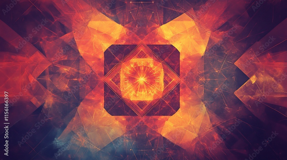 Poster Abstract fiery geometric pattern with central glowing core, symmetrical design in orange and red hues.