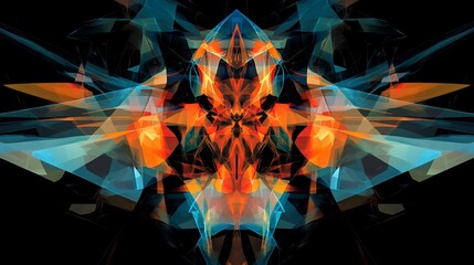 Abstract colorful fractal art with sharp, geometric shapes and a symmetrical design on black background.