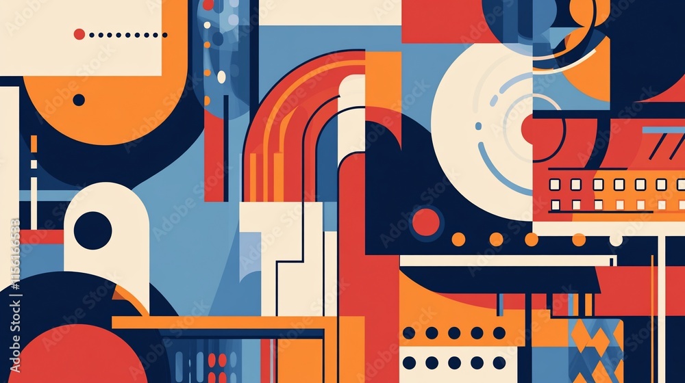 Poster Abstract geometric composition with vibrant colors and shapes.